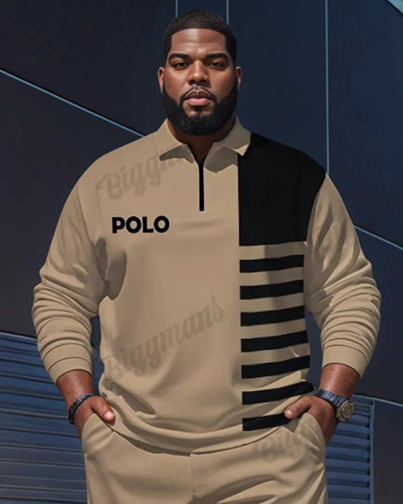 Big Guy's Simple Khaki Striped Alphabet Print Polo Shirt Zipper Pants Set sold by Biggmans product image thumbnail 2