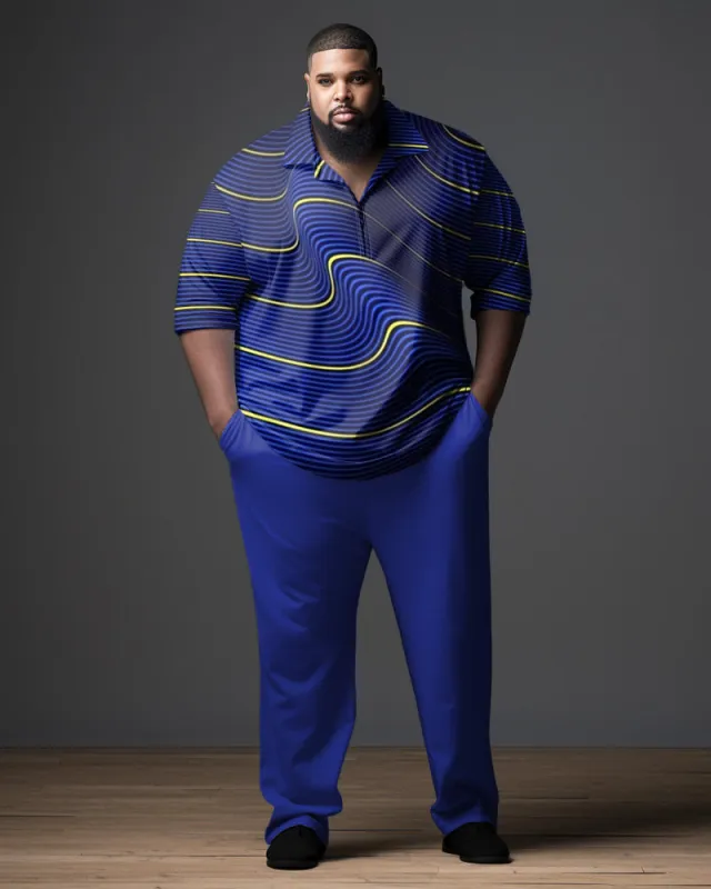 Men's Blue Men's Ombre Art Plus Size Gentleman Business Polo Zipper Shirt and Pants Two-piece Set sold by Biggmans