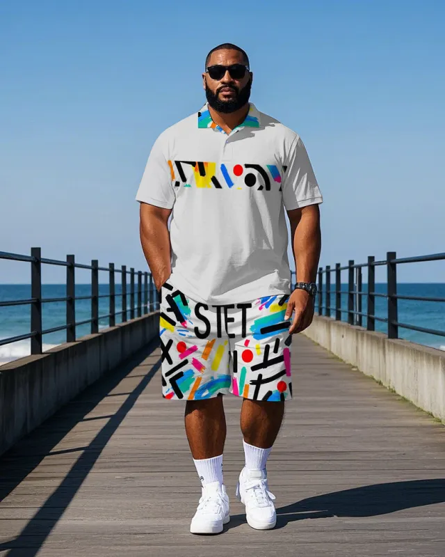 Big & Tall Men's Street Fashion Graffiti Letter Stripe Printed Short Sleeve Polo Shirt Shorts Set sold by Biggmans