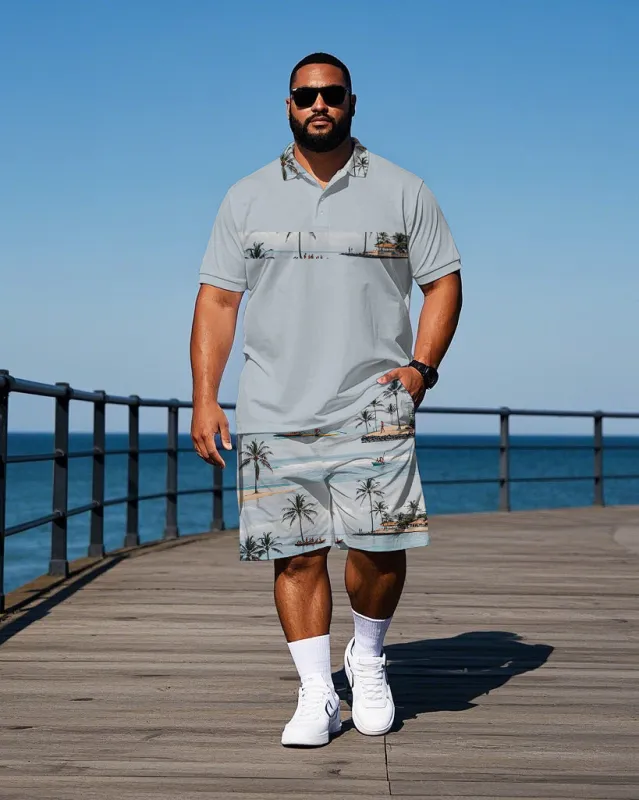 Big Men's Hawaii Theme Seaside Scene Stripe Printed Casual Short Sleeve Polo Shirt Shorts Set sold by Biggmans