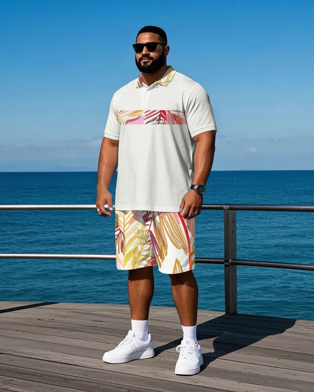 Men's Big Size Hawaii Style Palm Leaf Stripe Printed Daily Casual Short Sleeve Polo Shirt Shorts Set sold by Biggmans