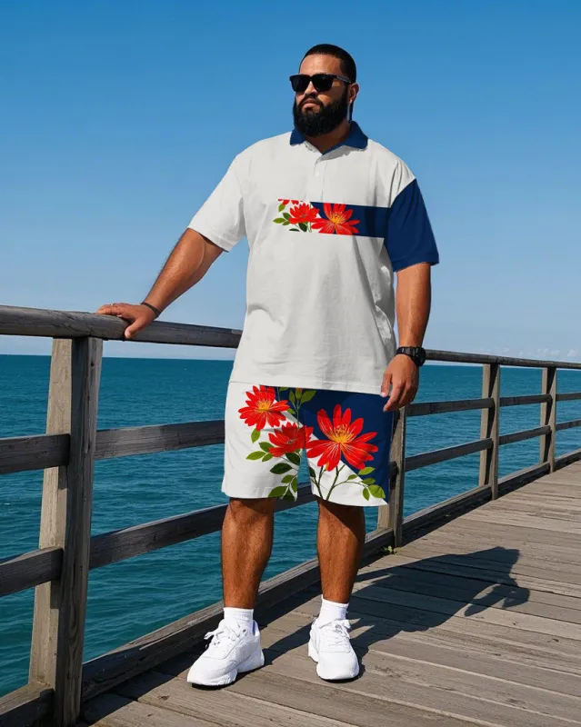 Big Men's Gentlemen Romantic Floral Stripe Printed Casual Short Sleeve Polo Shirt Shorts Set sold by Biggmans