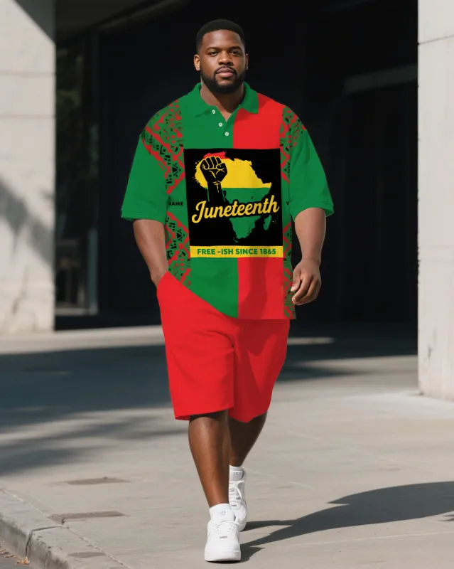 Big Men's Festival Fist Splicing Style Juneteenth Theme Short Sleeve Polo Shirt Shorts Suit sold by Biggmans