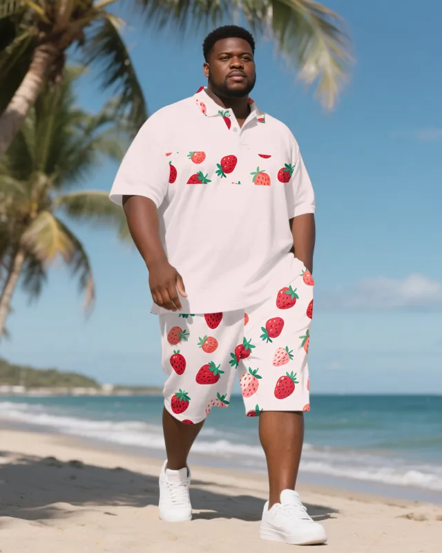 Big Men's Romantic Strawberry Hawaiian Theme Short Sleeve Polo Shirt 2-piece Short Set sold by Biggmans