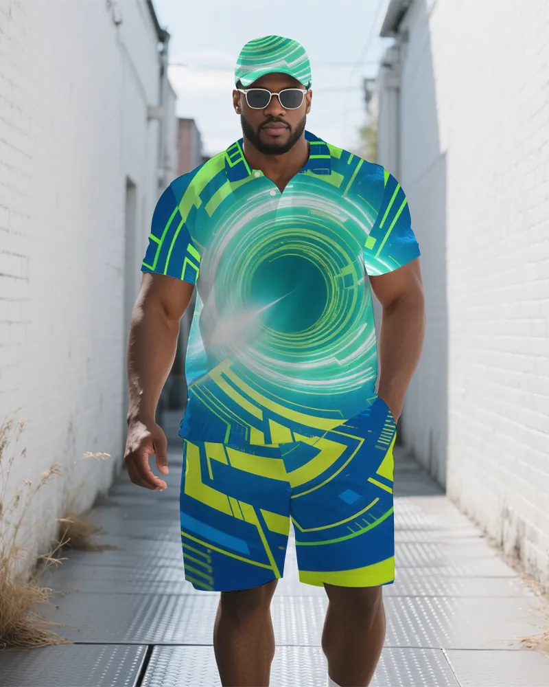 Big Men's Abstract Black Hole Scientific Theme Casual Short-Sleeve Polo Shirt & Shorts Set sold by Biggmans