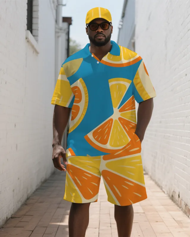 Big Men's Vibrant Orange Printed Summer Casual Short-Sleeve Polo Shirt & Shorts Set sold by Biggmans