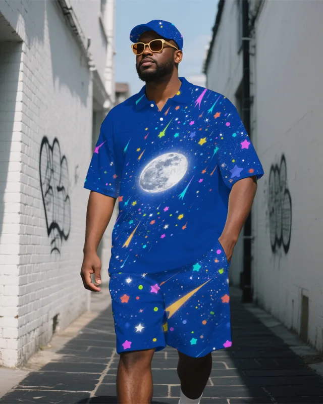 Big Men's Casual Colorful Stars Space Technological Theme Short-Sleeve Polo Shirt Shorts Set sold by Biggmans