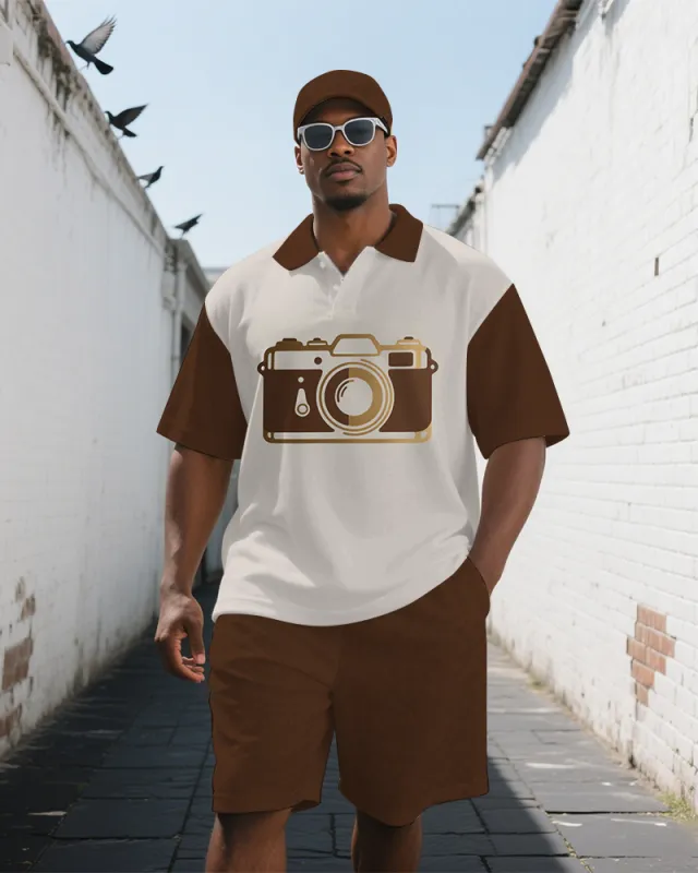 Big and Tall Men's Splicing Style Camera Printed Retro Short-Sleeve Polo Shirt Shorts Set sold by Biggmans