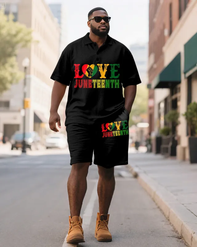 Men's Plus Size Juneteenth Colorblock Alphabet Print Short Sleeve Polo Shirt Shorts Suit sold by Biggmans