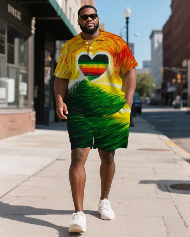 Men's Plus Size Green Yellow Red Gradient Love Print Short Sleeve Polo Shirt Shorts Suit sold by Biggmans