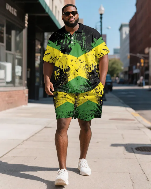Men's Plus Size Green Yellow Black Colorblock Eagle Print Short-sleeved Polo Shirt Shorts Suit sold by Biggmans