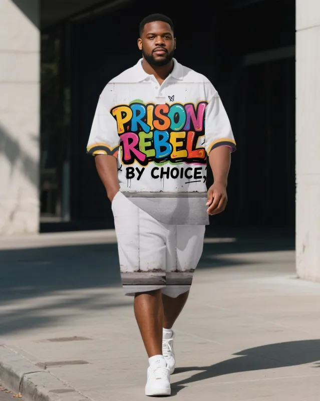 Men's Simple Colorful PRISON Lettering Big and Tall Short Sleeve Polo Shirt Shorts Set sold by Biggmans