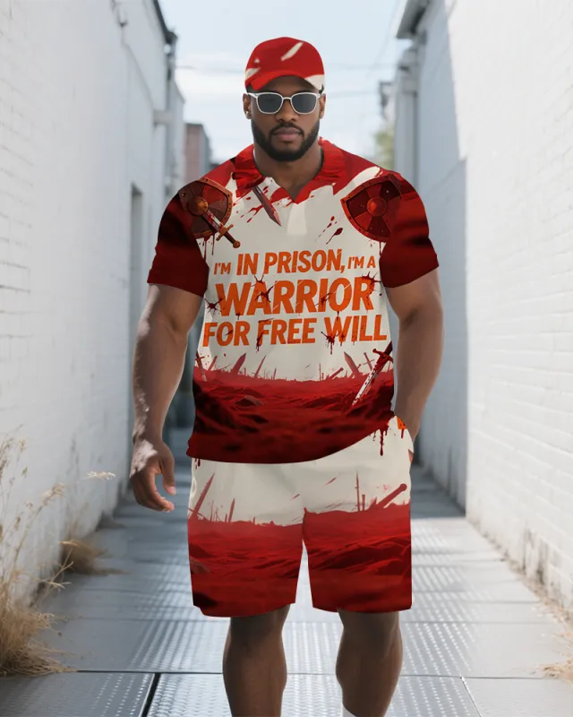 Big Men's WARRIOR Theme Battlefield Gradient Short Sleeve Polo Shirt and Shorts Set sold by Biggmans