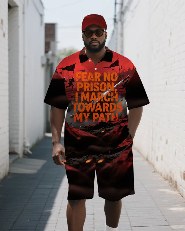 Big Guy's War Theme Letter Graffiti Daily Casual Short Sleeve Polo Shirt and Shorts Set sold by Biggmans