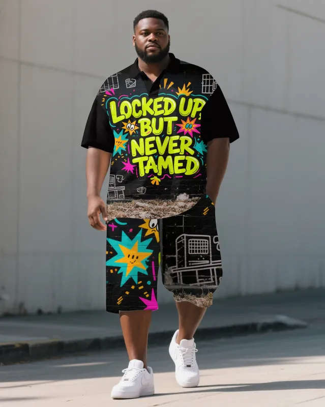 Big Men's Funny Lettering Cartoon Prison Streetwear Short Sleeve Polo Shirt Shorts Set sold by Biggmans