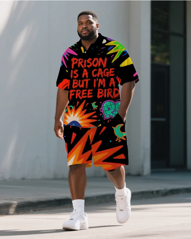 Big Men's Cartoon Letter Graffiti PRISON Theme Short Sleeve Polo Shirt Shorts Casual Set sold by Biggmans