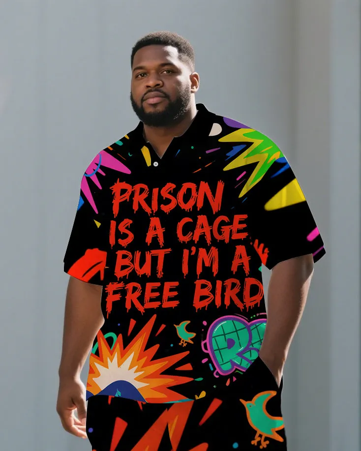 Big Men's Cartoon Letter Graffiti PRISON Theme Short Sleeve Polo Shirt Shorts Casual Set sold by Biggmans product image thumbnail 2
