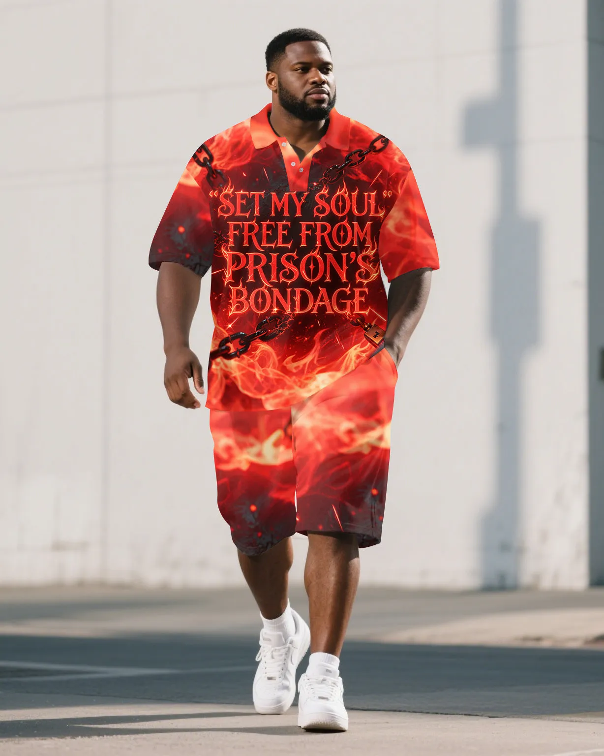 Men's Big and Tall Fire Letter PRISON Theme Printed Outdoor Short Sleeve Polo Shirt Shorts Set sold by Biggmans