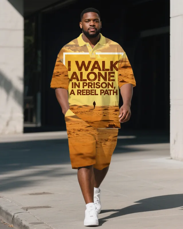 Men's PRISON Lettering Theme Desert Printed Big and Tall Short Sleeve Polo Shirt Shorts Set sold by Biggmans