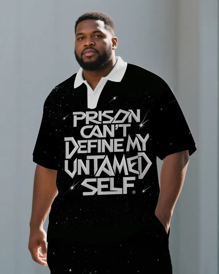 Big Men's Simple PRISON Theme Lettering White Collar Short Sleeve Polo Shirt Shorts Set sold by Biggmans product image thumbnail 2