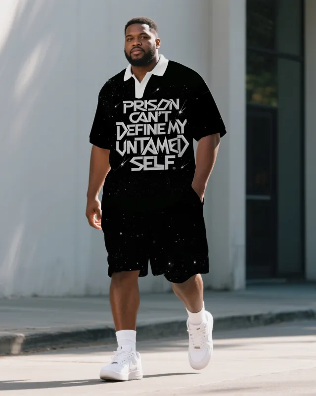 Big Men's Simple PRISON Theme Lettering White Collar Short Sleeve Polo Shirt Shorts Set sold by Biggmans