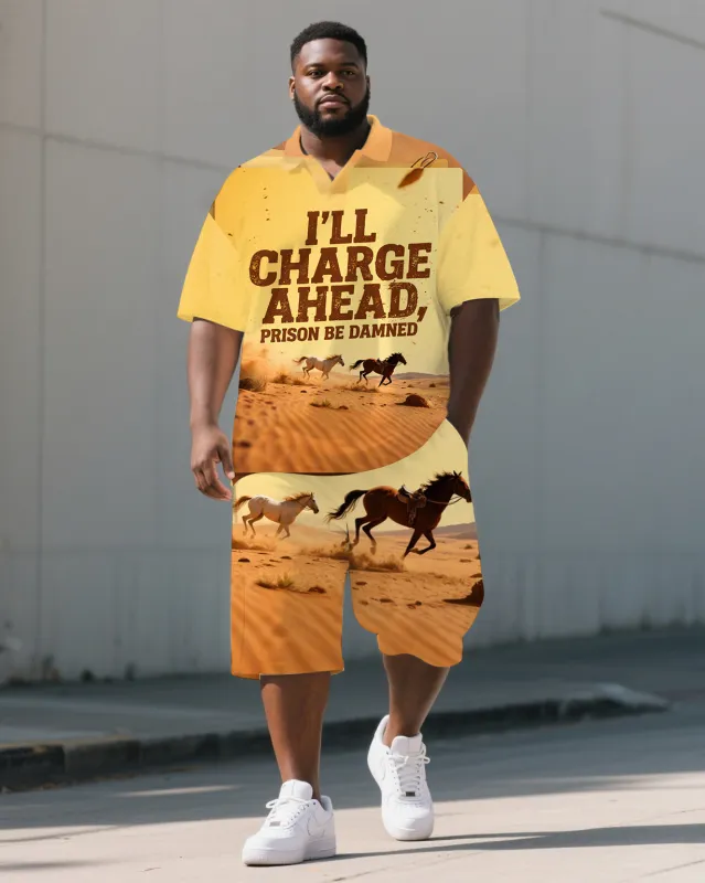 Big Men's I'LL CHARGE AHEAD Running Horse Printed Casual Short Sleeve Polo Shirt Shorts Set sold by Biggmans