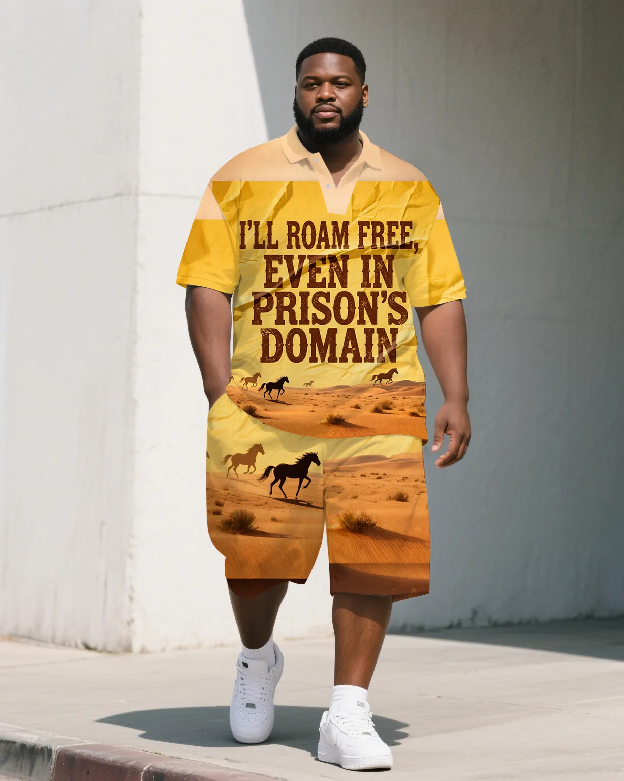 Men's Casual Horse in Desert PRISON Lettering Relaxed Short-Sleeve Polo Shirt & Shorts Set sold by Biggmans