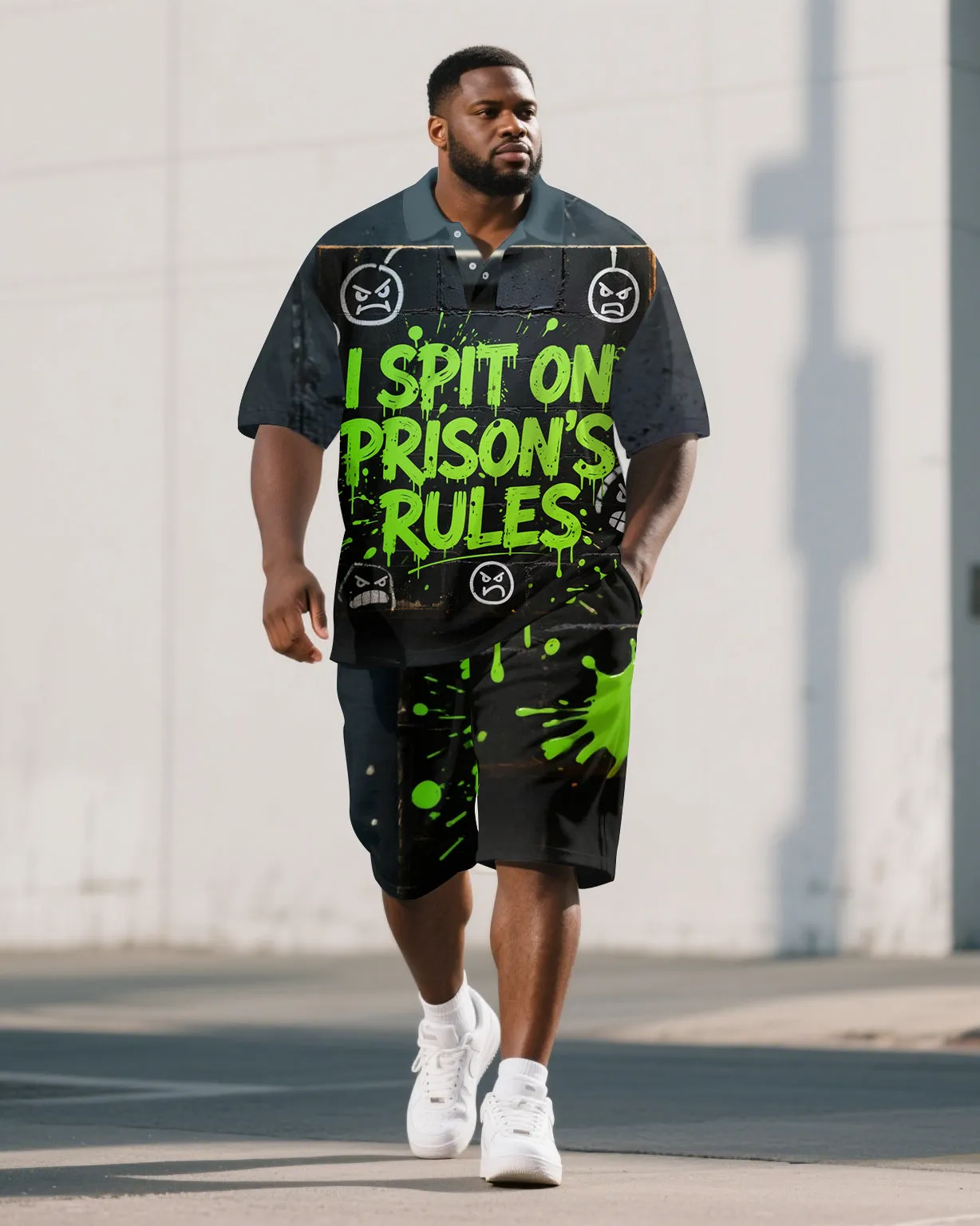 Men's Big and Tall Ink Splash PRISON Letter Design Short-Sleeve Polo Shirt & Shorts Set sold by Biggmans