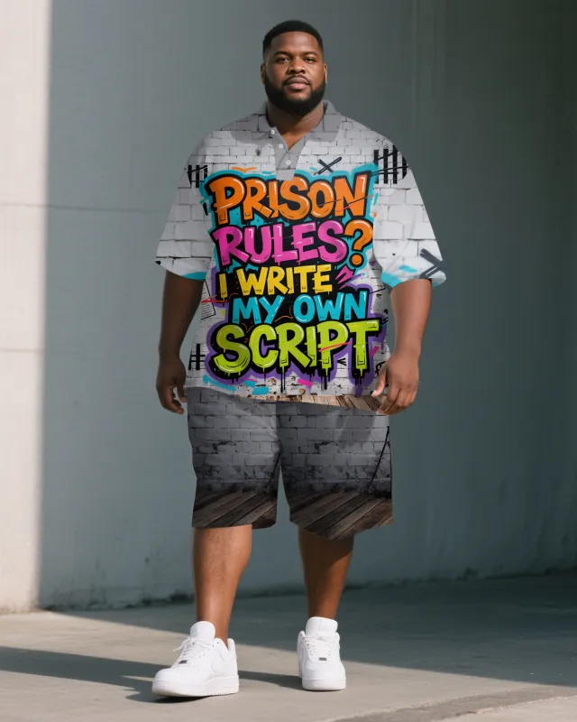 Men's PRISON Letter Graffiti War Streetwear Big and Tall Short-Sleeve Polo Shirt & Shorts Set sold by Biggmans