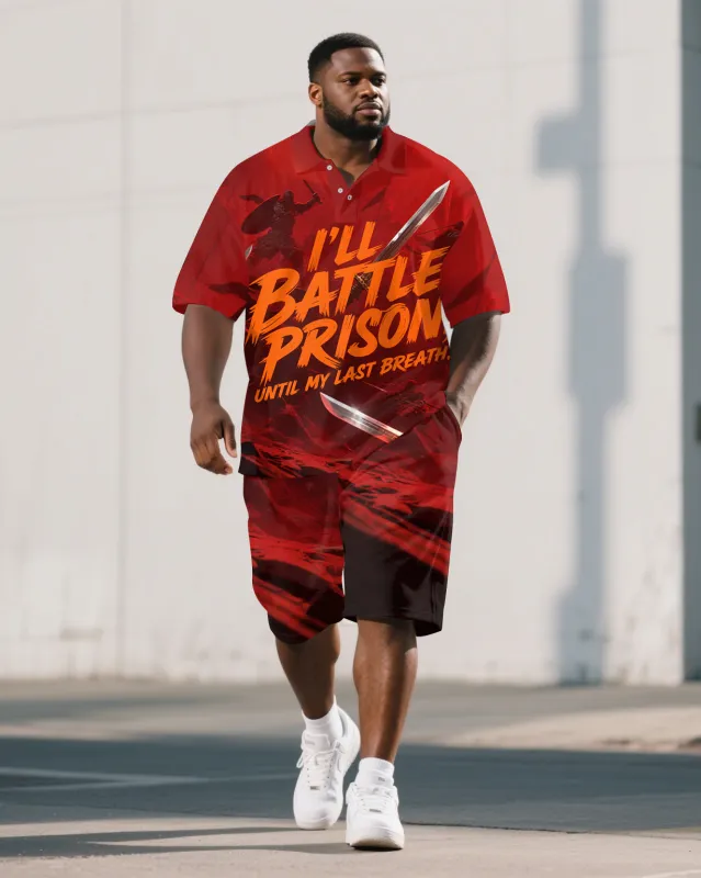 Big Men's I'LL BATTLE PRISON Lettering War Printed Short-Sleeve Polo Shirt & Shorts Set sold by Biggmans