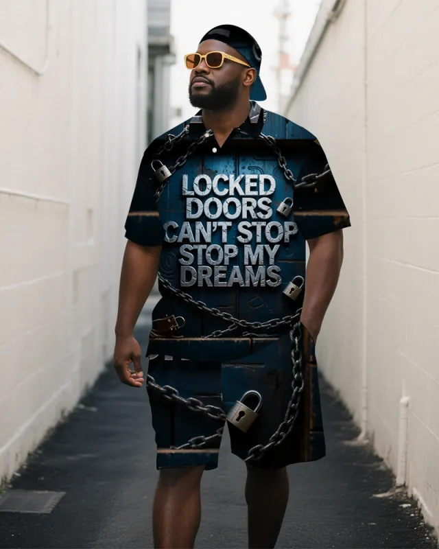 Big Men's Dark Style Lock and Chain Letter Printed Casual Short-Sleeve Polo Shirt Shorts Set sold by Biggmans