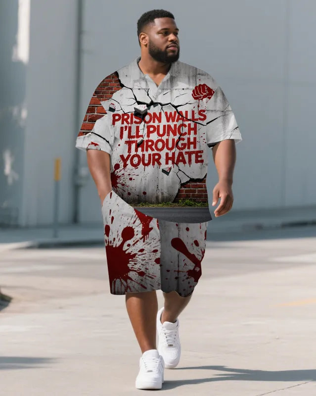 Big Men's Casual Style PRISON Theme Broken Wall Printed Short-Sleeve Polo Shirt Shorts Set sold by Biggmans