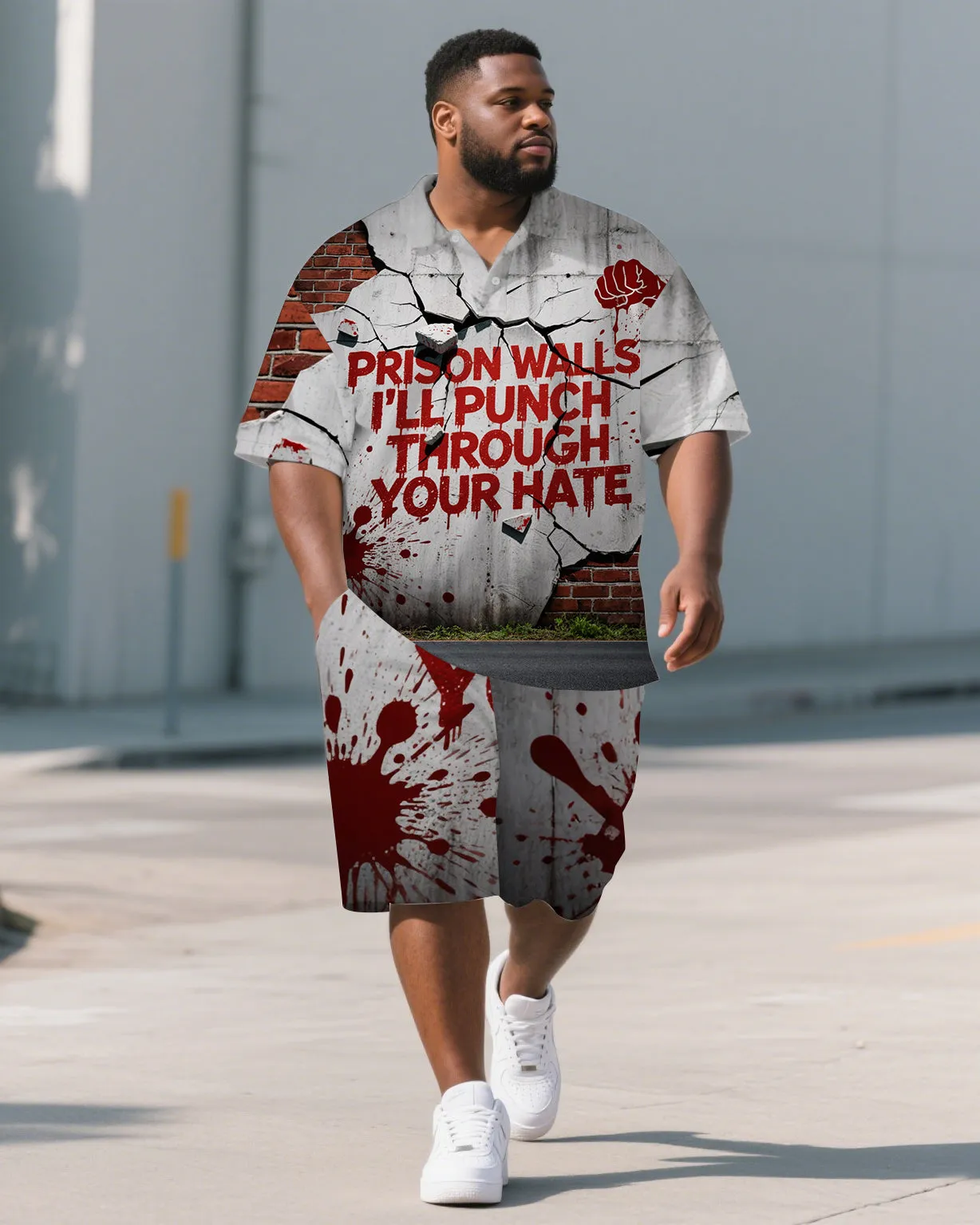 Big Men's Casual Style PRISON Theme Broken Wall Printed Short-Sleeve Polo Shirt Shorts Set sold by Biggmans