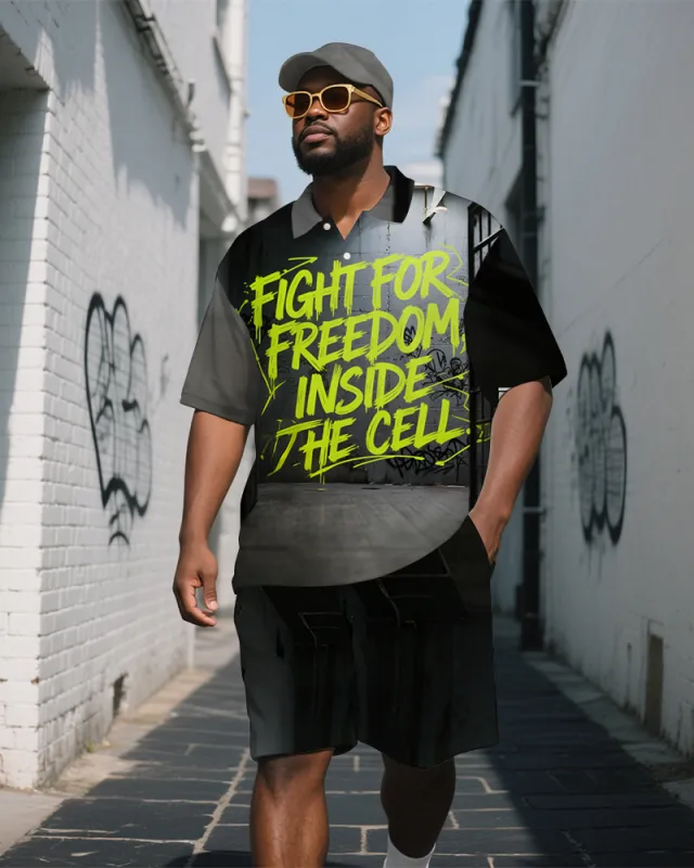 Men's Casual FIGHT FOR FREEDOM Lettering Big and Tall Short-Sleeve Polo Shirt Shorts Set sold by Biggmans