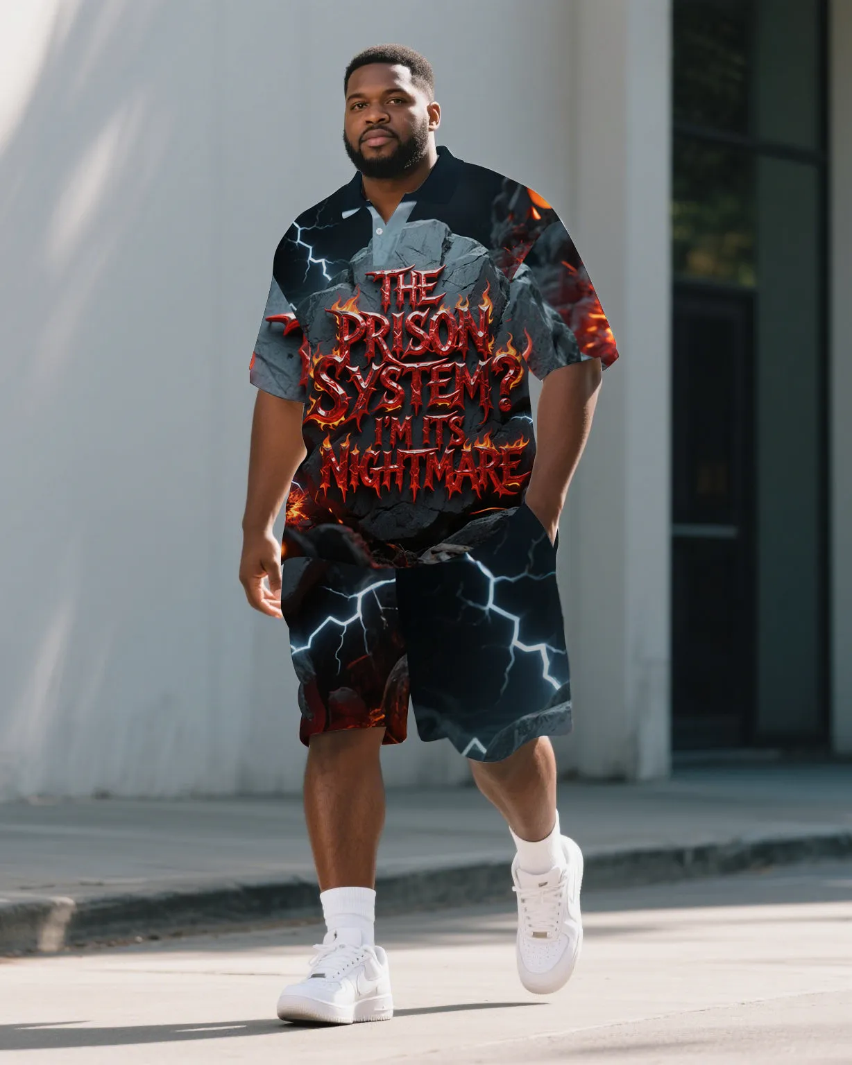 Big Men's Casual Dark Style PRISON Fire Letter Printed 2-Piece Short-Sleeve Polo Shirt Shorts Set sold by Biggmans