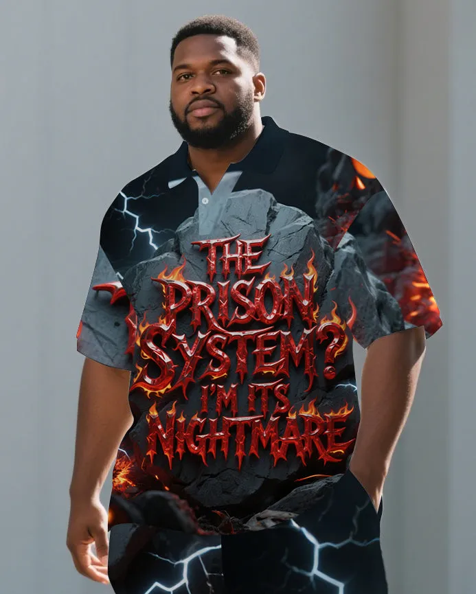Big Men's Casual Dark Style PRISON Fire Letter Printed 2-Piece Short-Sleeve Polo Shirt Shorts Set sold by Biggmans product image thumbnail 2
