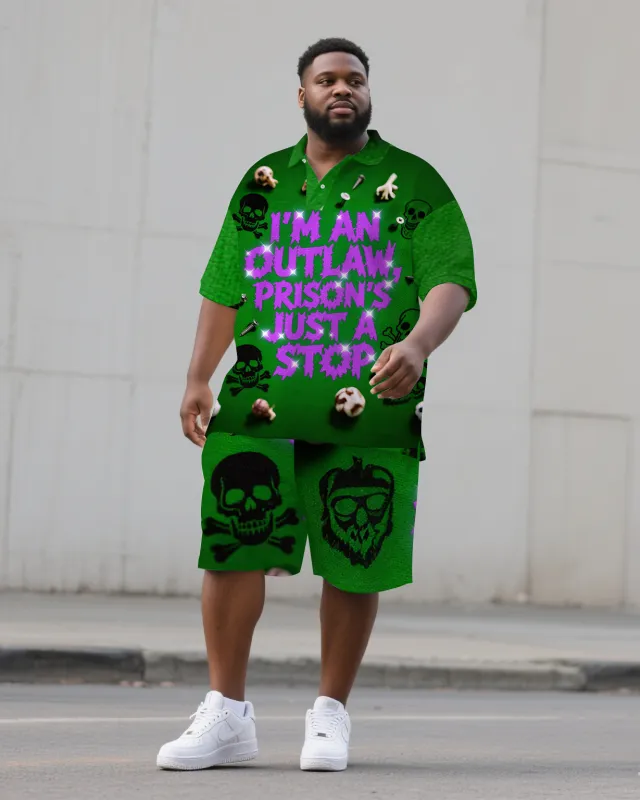Big Men's Casual PRISON Style Bling Letter and Skull Printed Short-Sleeve Polo Shirt Shorts Set sold by Biggmans