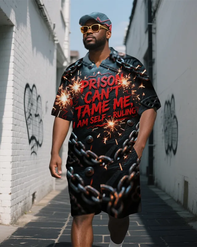 Big Men's Casual Firework PRISON Letter and Chain Printed Short-Sleeve Polo Shirt Shorts Set sold by Biggmans
