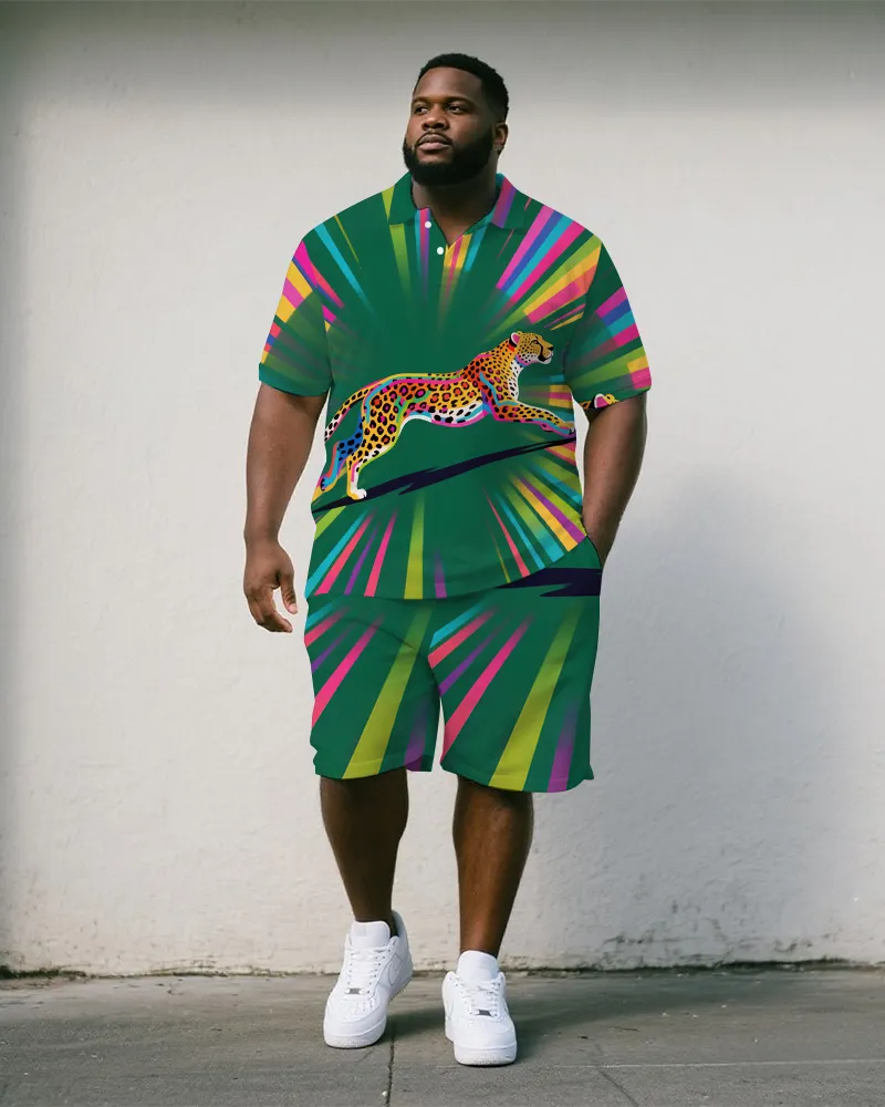 Big Men's Fantasia Cartoon Leopard Printed Street Style Short-Sleeve Polo Shirt & Shorts Set sold by Biggmans