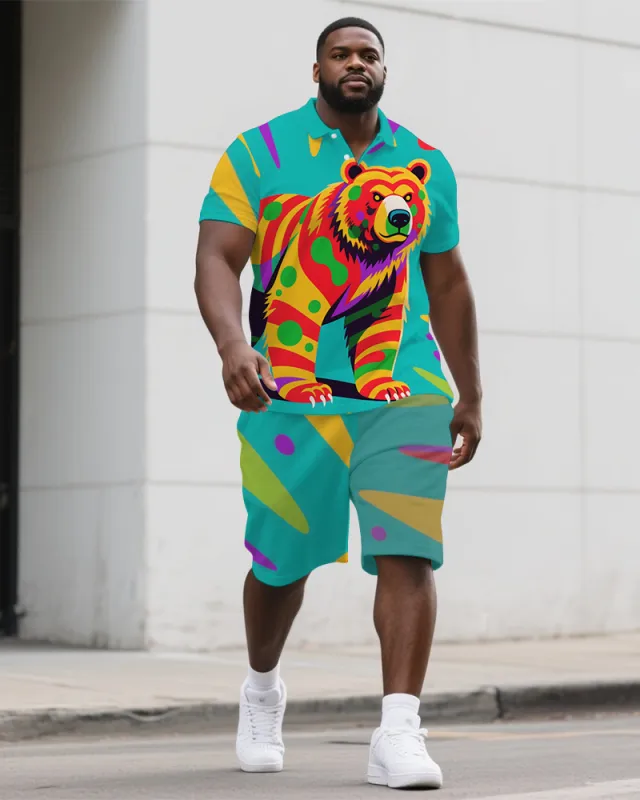 Big Men's Street Fashion Funny Bear Cartoon Casual Short-Sleeve Polo Shirt & Shorts Set sold by Biggmans