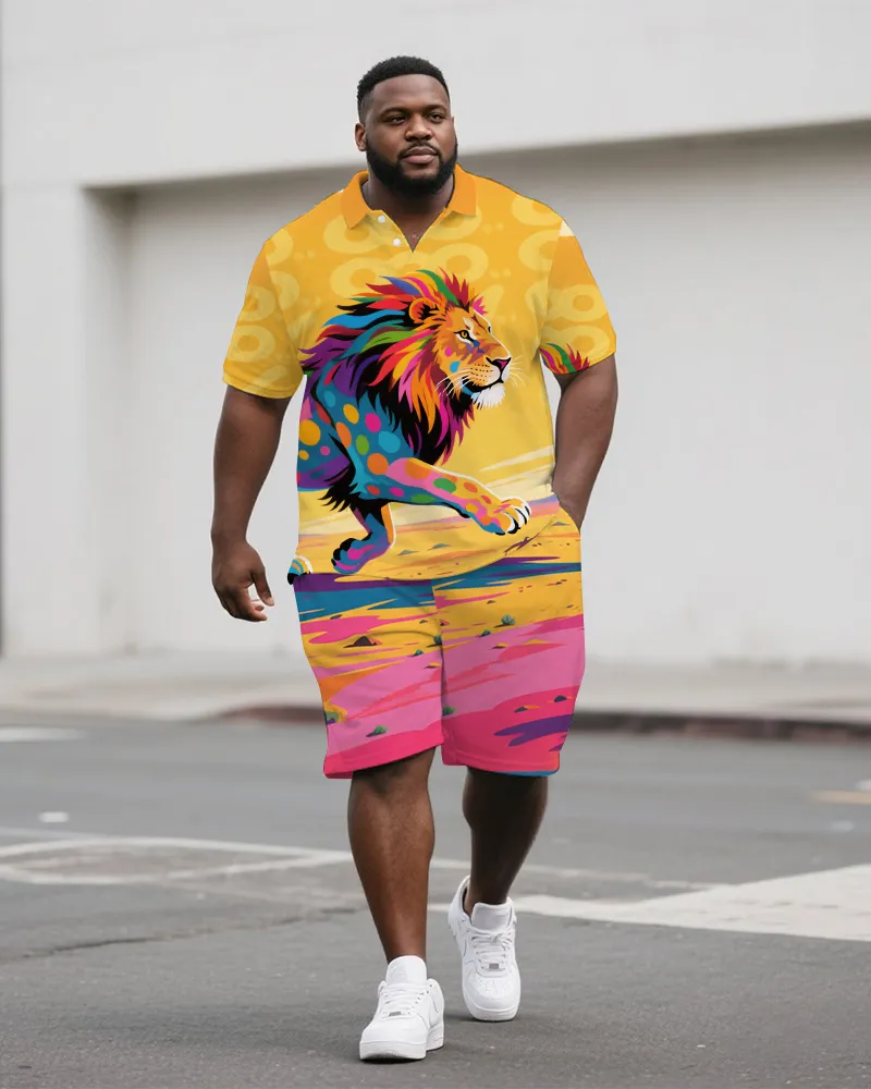 Big Men's Casual Outdoor Oil Painted Lion Cartoon Printed Short-Sleeve Polo Shirt & Shorts Set sold by Biggmans