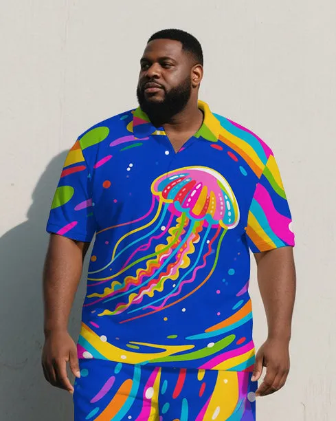 Big Men's Dreamy Cartoon Colorful Jellyfish Printed Short-Sleeve Polo Shirt & Shorts Set sold by Biggmans product image thumbnail 2