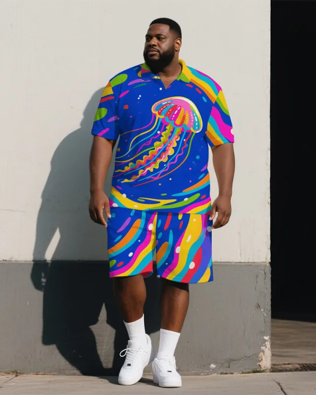 Big Men's Dreamy Cartoon Colorful Jellyfish Printed Short-Sleeve Polo Shirt & Shorts Set sold by Biggmans
