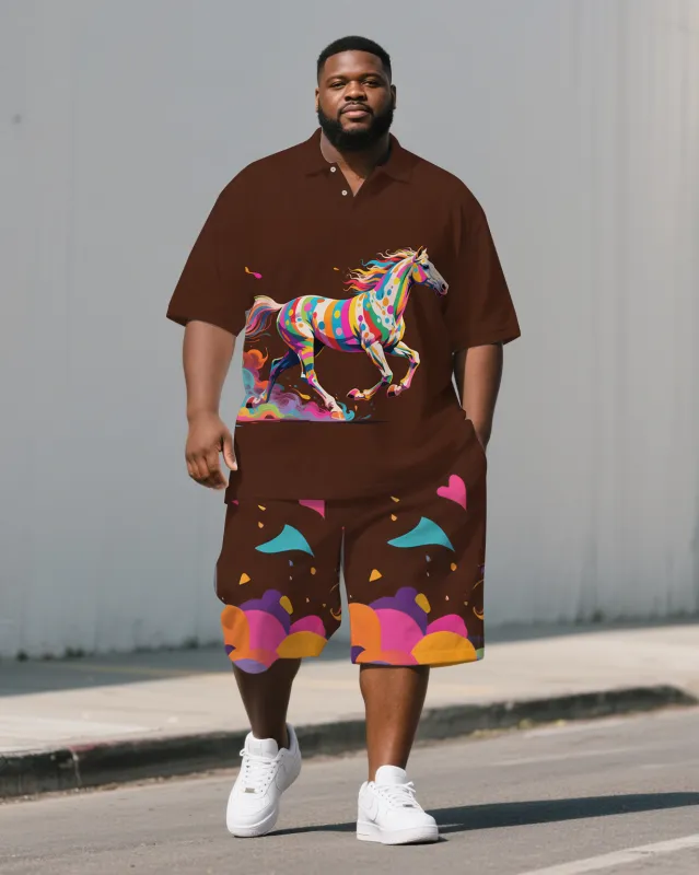 Big Guy's Casual Artistic Colorful Horse Cartoon Printed Short-Sleeve Polo Shirt & Shorts Set sold by Biggmans