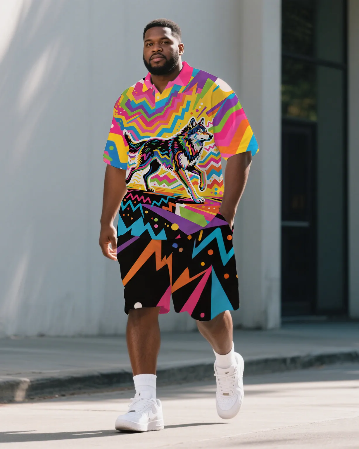 Big Men's Casual Husky Abstract Cartoon Printed Fashion Short-Sleeve Polo Shirt & Shorts Set sold by Biggmans