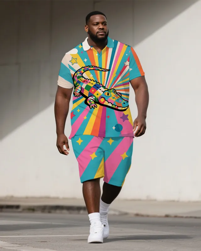 Big Men's Funny Splicing Colorful Crocodile Cartoon Printed Short-Sleeve Polo Shirt & Shorts Set sold by Biggmans