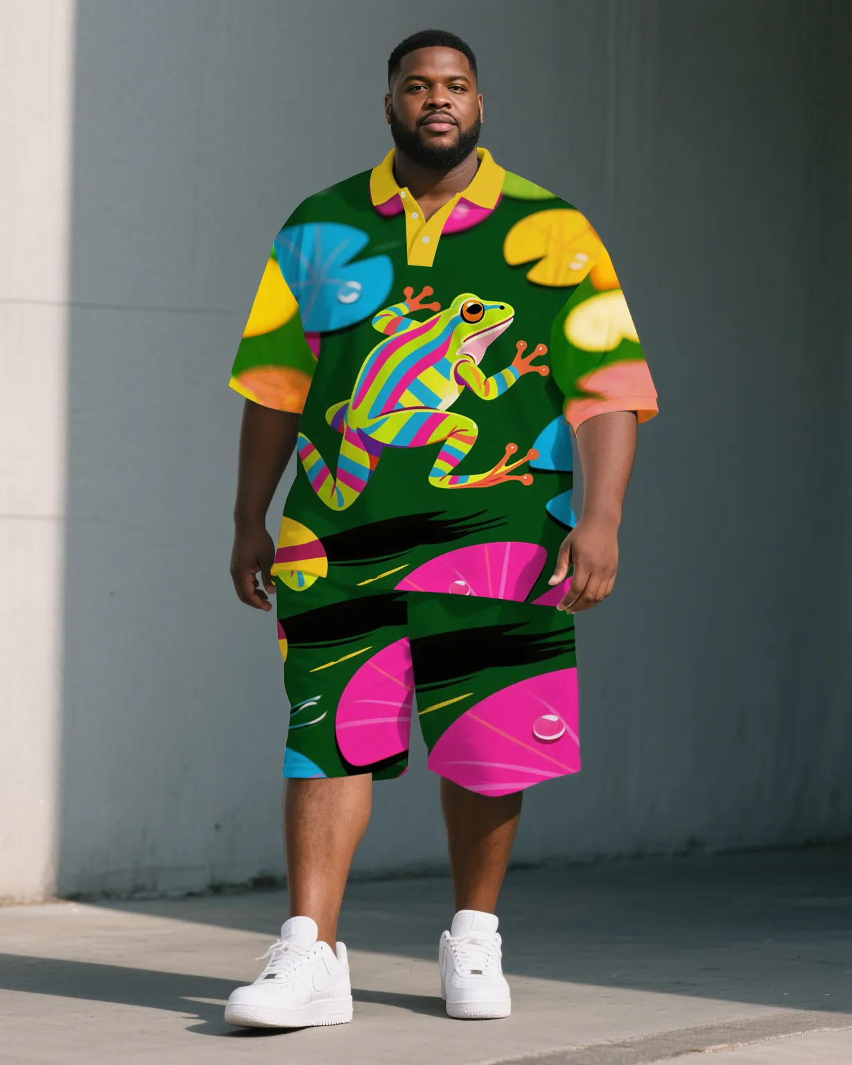 Big Guy's Casual Artistic Frog Cartoon Printed Street Short-Sleeve Polo Shirt & Shorts Set sold by Biggmans