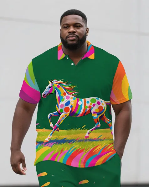 Big Guy's Dreamy Animal Running Horse Printed Casual Short-Sleeve Polo Shirt & Shorts Set sold by Biggmans product image thumbnail 2