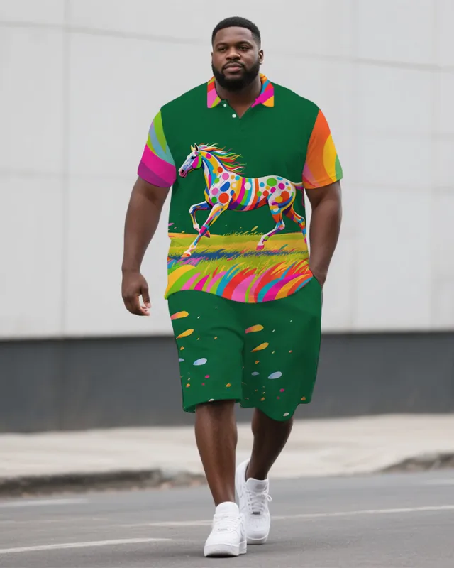 Big Guy's Dreamy Animal Running Horse Printed Casual Short-Sleeve Polo Shirt & Shorts Set sold by Biggmans