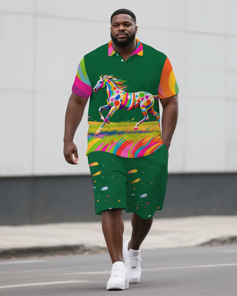 Big Guy's Dreamy Animal Running Horse Printed Casual Short-Sleeve Polo Shirt & Shorts Set sold by Biggmans